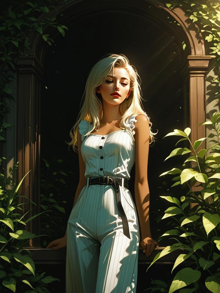 Elegant Blonde Woman in White Pinstriped Outfit with Lush Greenery Background