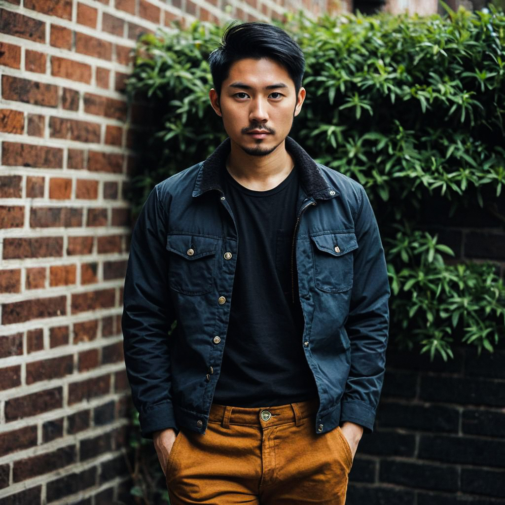 Confident Young Man in Blue Jacket and Mustard Pants