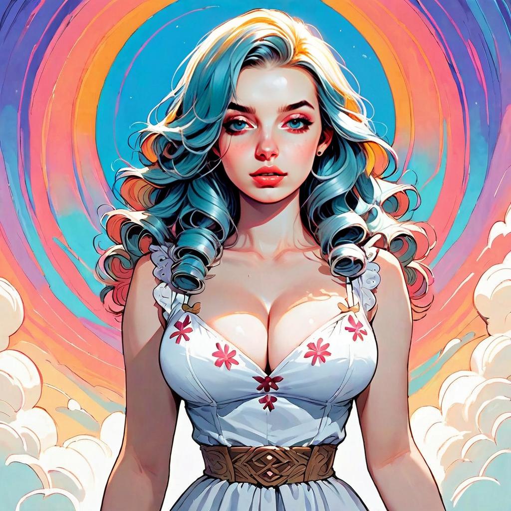 Digital Art of Woman with Curly Hair and Floral Dress Against Colorful Swirling Background