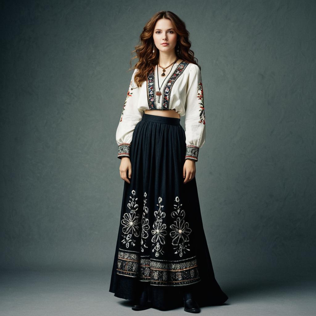 Elegant Woman in Traditional Embroidered Folk Outfit