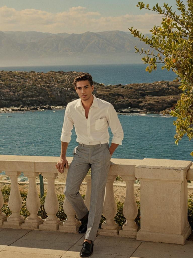 Stylish Man in California Cocktail Attire with Coastal View