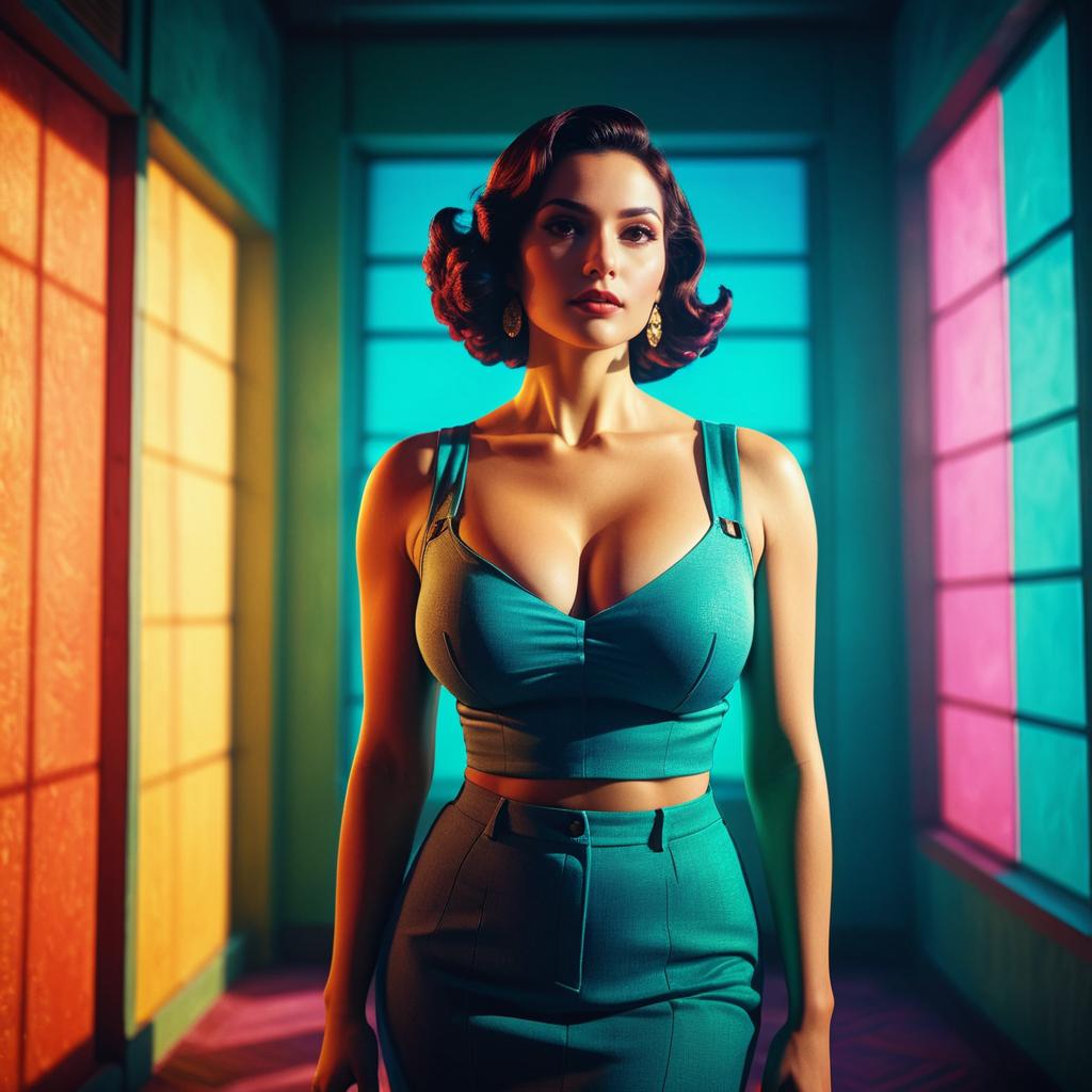 Glamorous Woman in Colorful Hallway