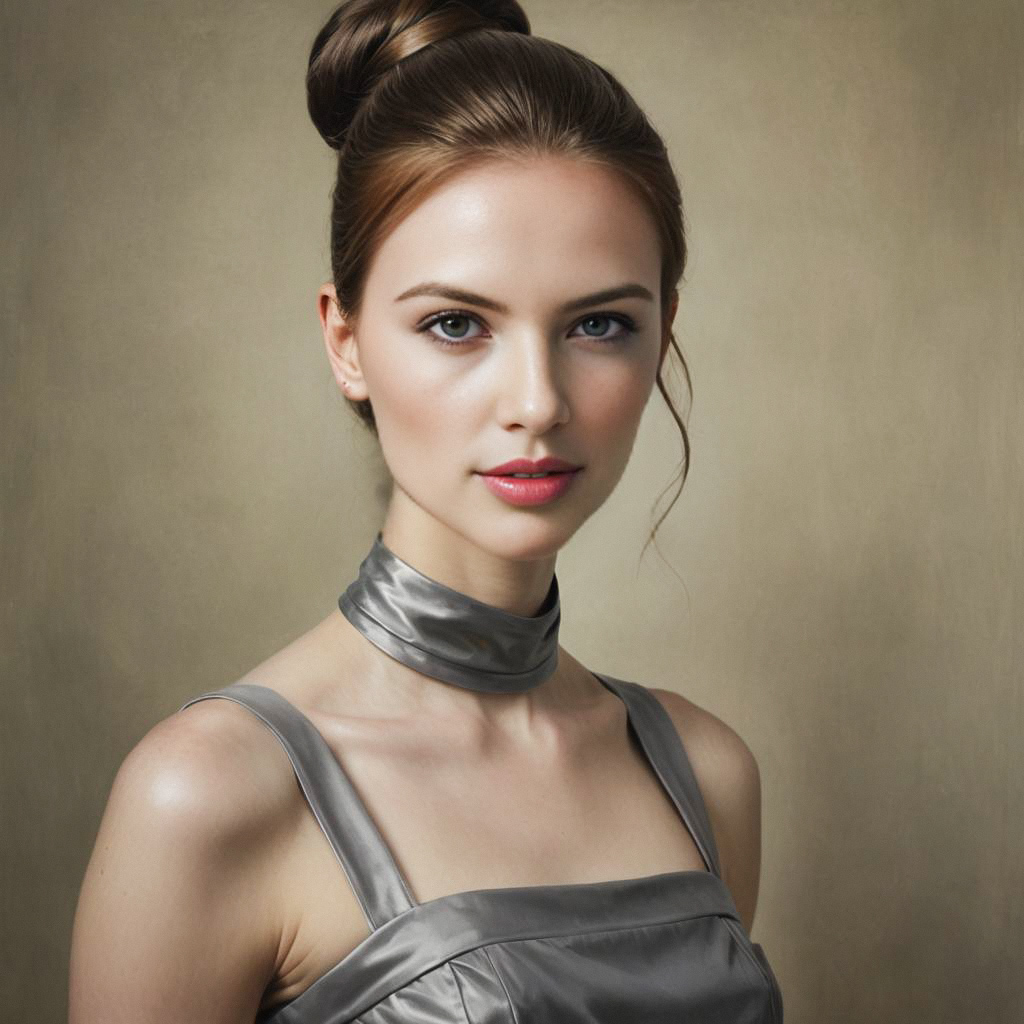 Elegant Young Woman in Gray Satin Dress