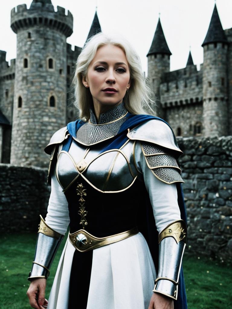 Woman in Helen Mirren Excalibur Costume Photorealistic Outdoor Portrait
