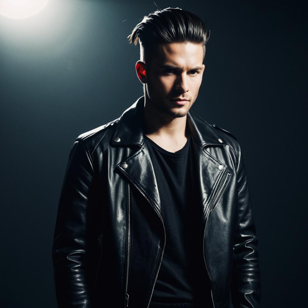 Stylish Young Man Wearing Black Leather Jacket in Dramatic Lighting