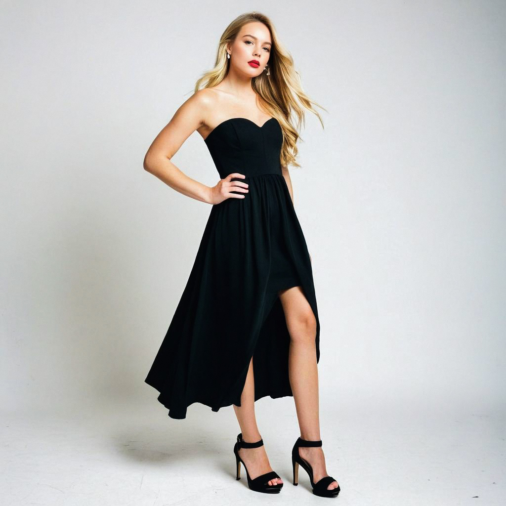 Confident woman in black high-low dress