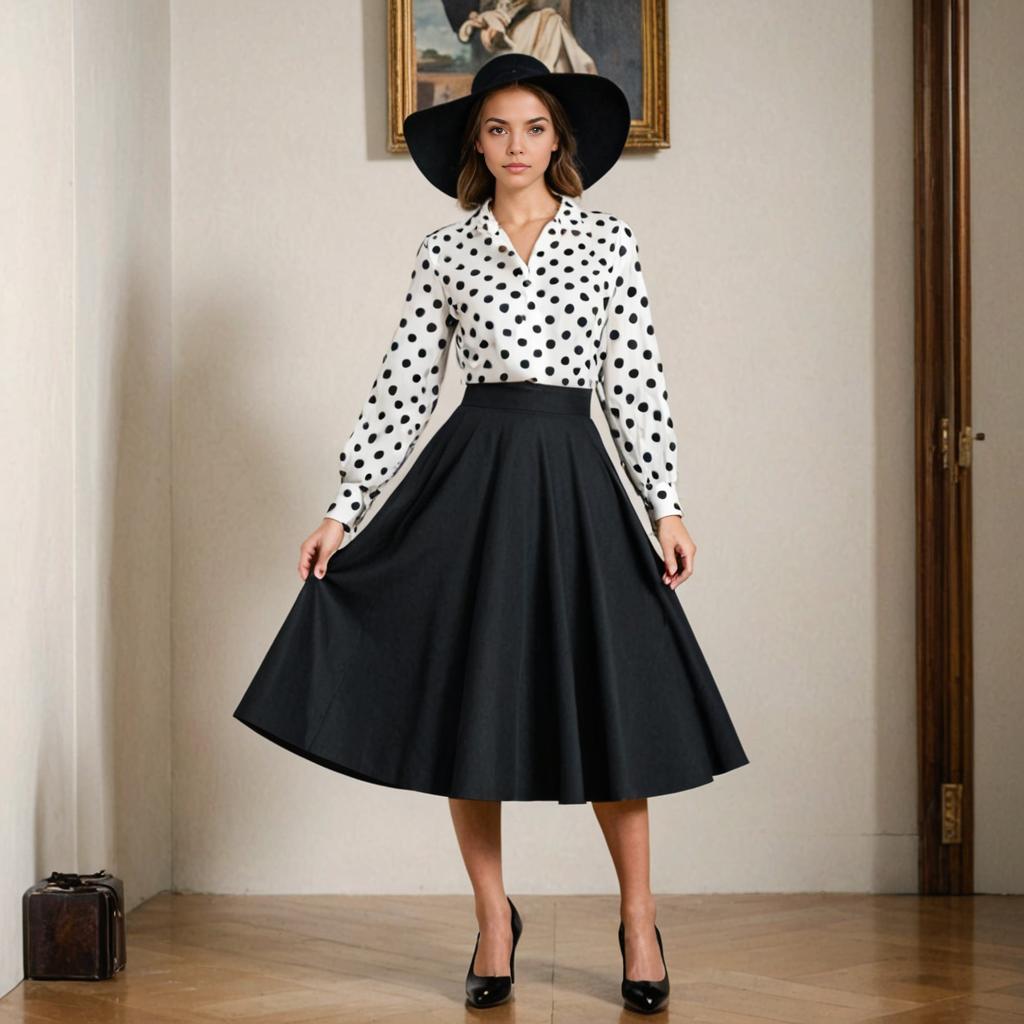 Vintage Woman in Polka Dot Blouse and A-Line Skirt