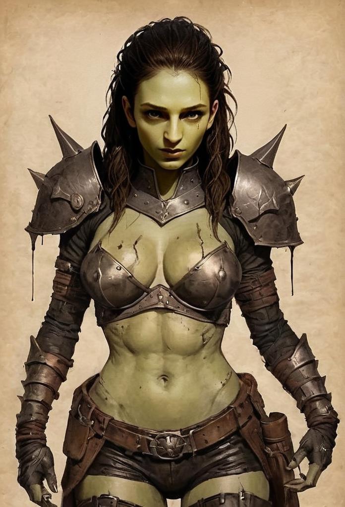 Fierce Green-Skinned Woman Warrior in Spiked Armor Digital Art