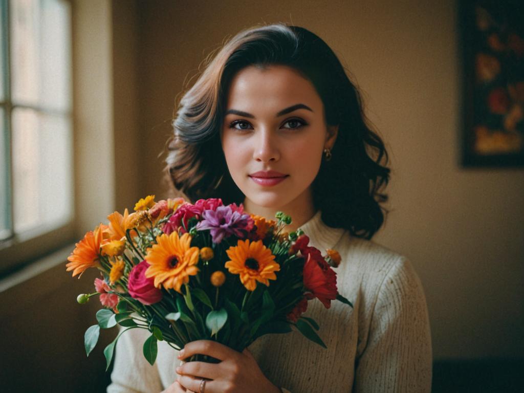 Woman with Floral Bouquet in Vintage Style