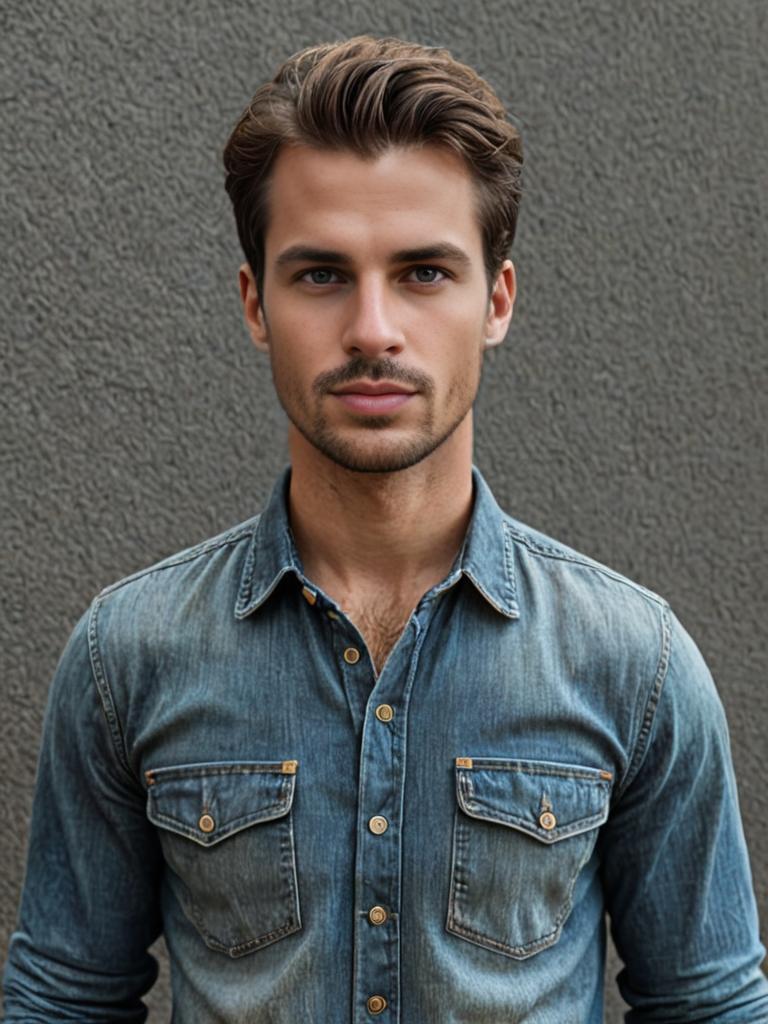 Young man with blue eyes in denim shirt