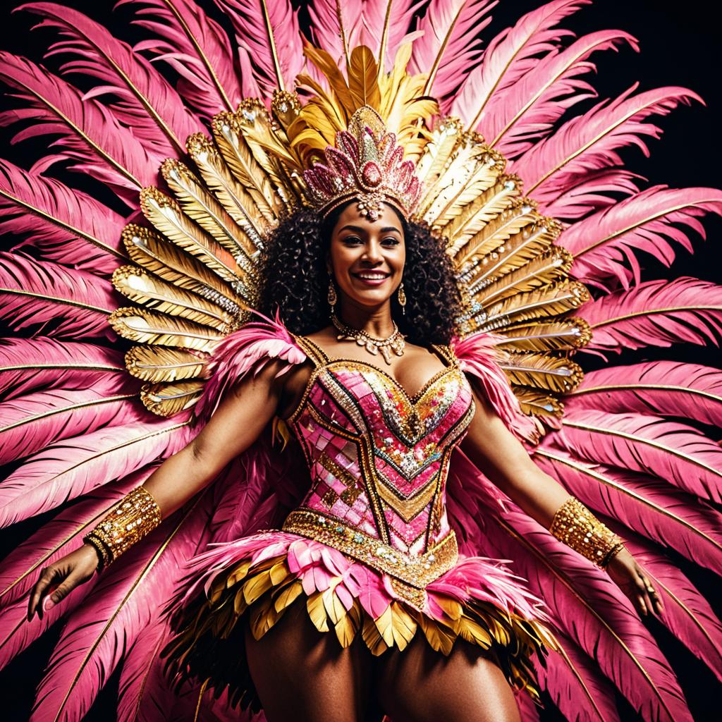 Woman in Vibrant Pink and Gold Carnival Costume with Feathers