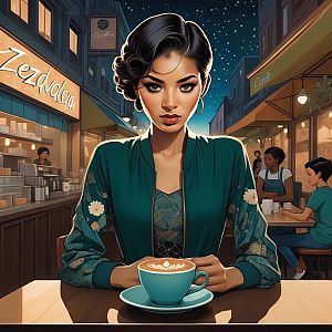 Stylish Woman at Night Café with Coffee