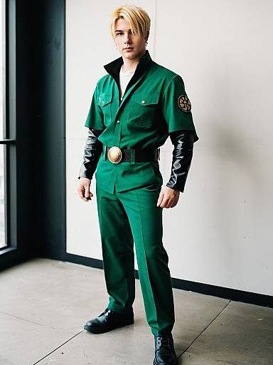 Man in Green Military-Style Cosplay Outfit with Black Accents