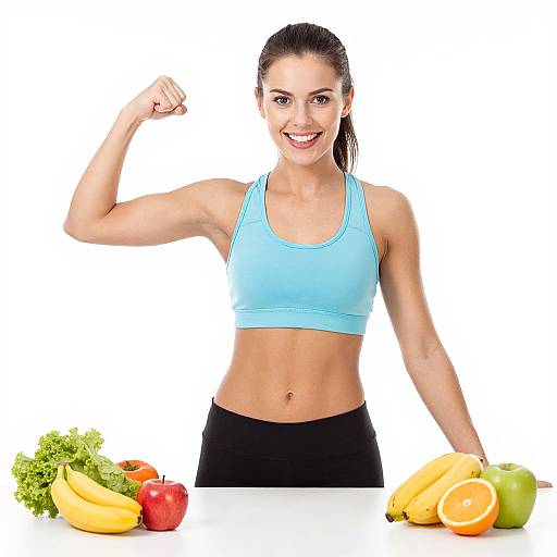Fit Woman Flexing Arm with Fresh Fruits and Vegetables Healthy Lifestyle