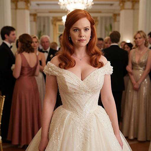 Elegant Woman in Beaded White Gown at Formal Ballroom Event