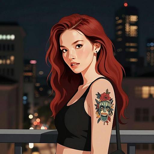 Digital Artwork of Red-Haired Woman with Tattoo Against Night Cityscape