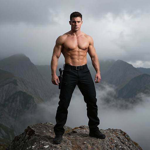 Muscular Man in Tactical Pants on Mountain Peak with Dramatic Clouds