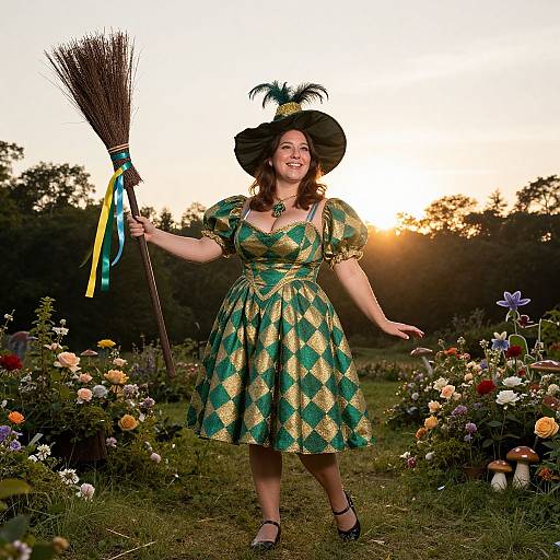 Woman in Green and Gold Harlequin Costume Holding Broom in Garden