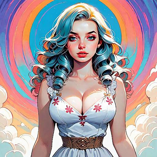 Digital Art of Woman with Curly Hair and Floral Dress Against Colorful Swirling Background