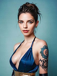 Confident Woman in Blue Satin Dress with Elegant Updo