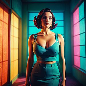 Glamorous Woman in Colorful Hallway