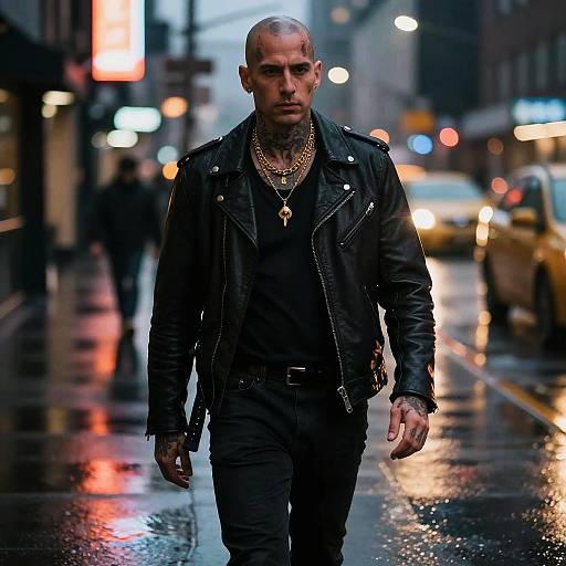 Tattooed Man in Black Leather Jacket Walking on Rainy Urban Street