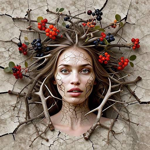 Surreal Portrait of Woman with Cracked Skin and Branches with Berries