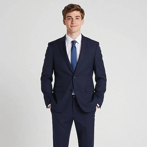 Young Man in Navy Blue Business Suit Standing Confidently