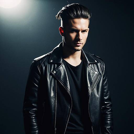 Stylish Young Man Wearing Black Leather Jacket in Dramatic Lighting