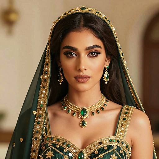 Close-Up of Woman in Green and Gold Jafar-Inspired Costume with Jewelry