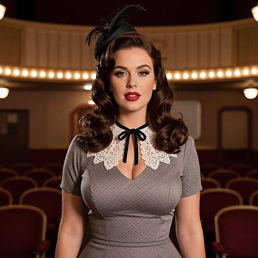 Vintage Style Woman in Classic Theater with Retro Waves and Lace Collar Dress