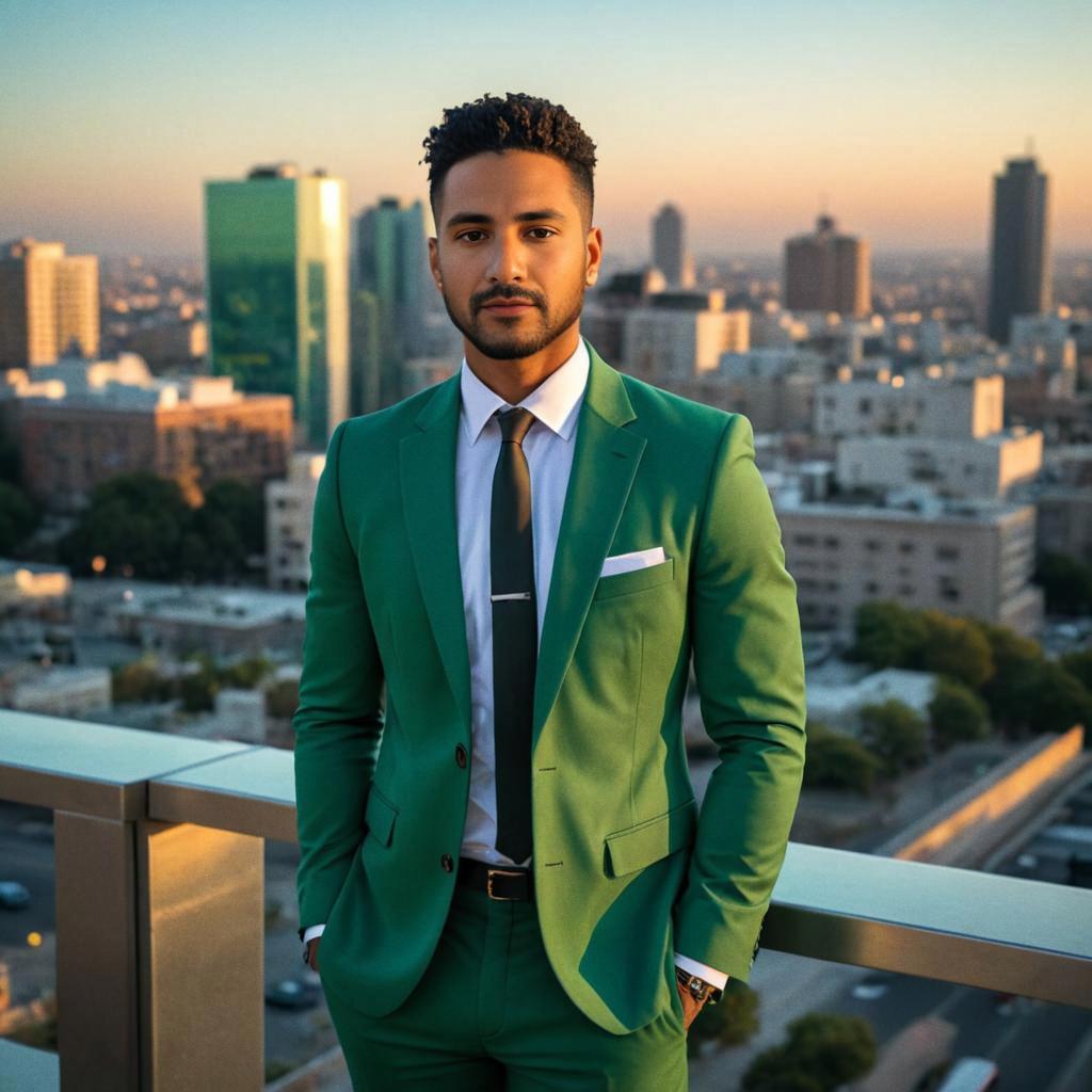 Man in Green Suit Against Urban Skyline at Sunset