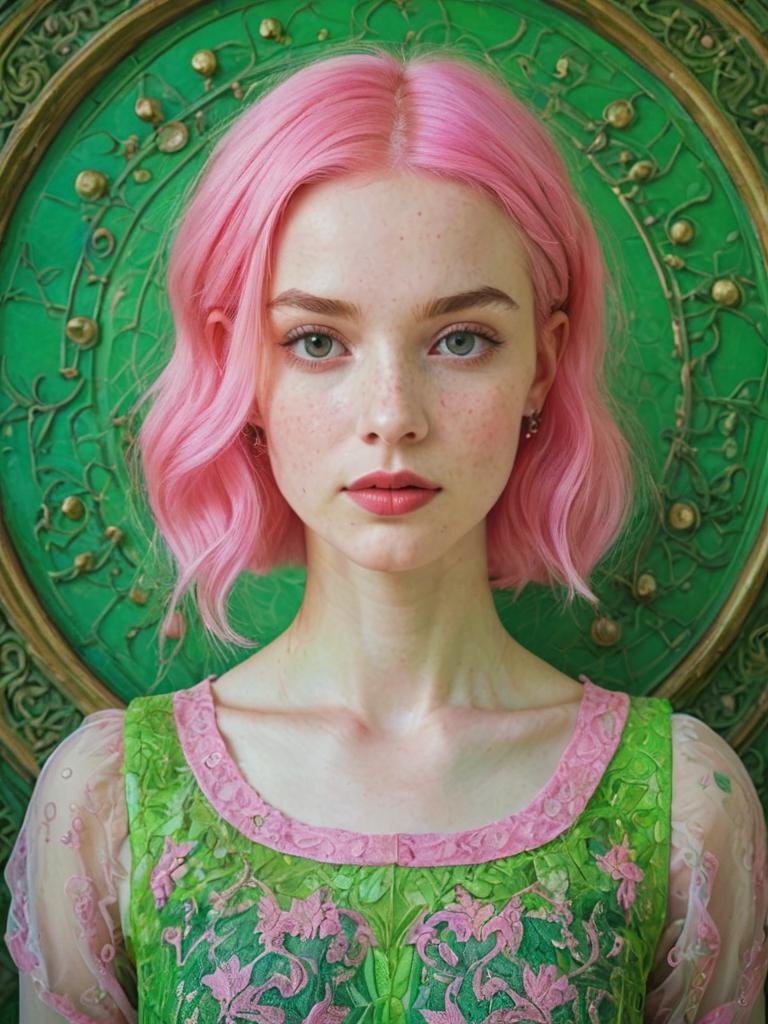 Young Woman with Pink Hair in Neon Green Dress