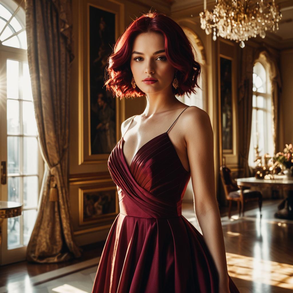 Elegant Woman in Burgundy Evening Dress in Luxurious Vintage Room