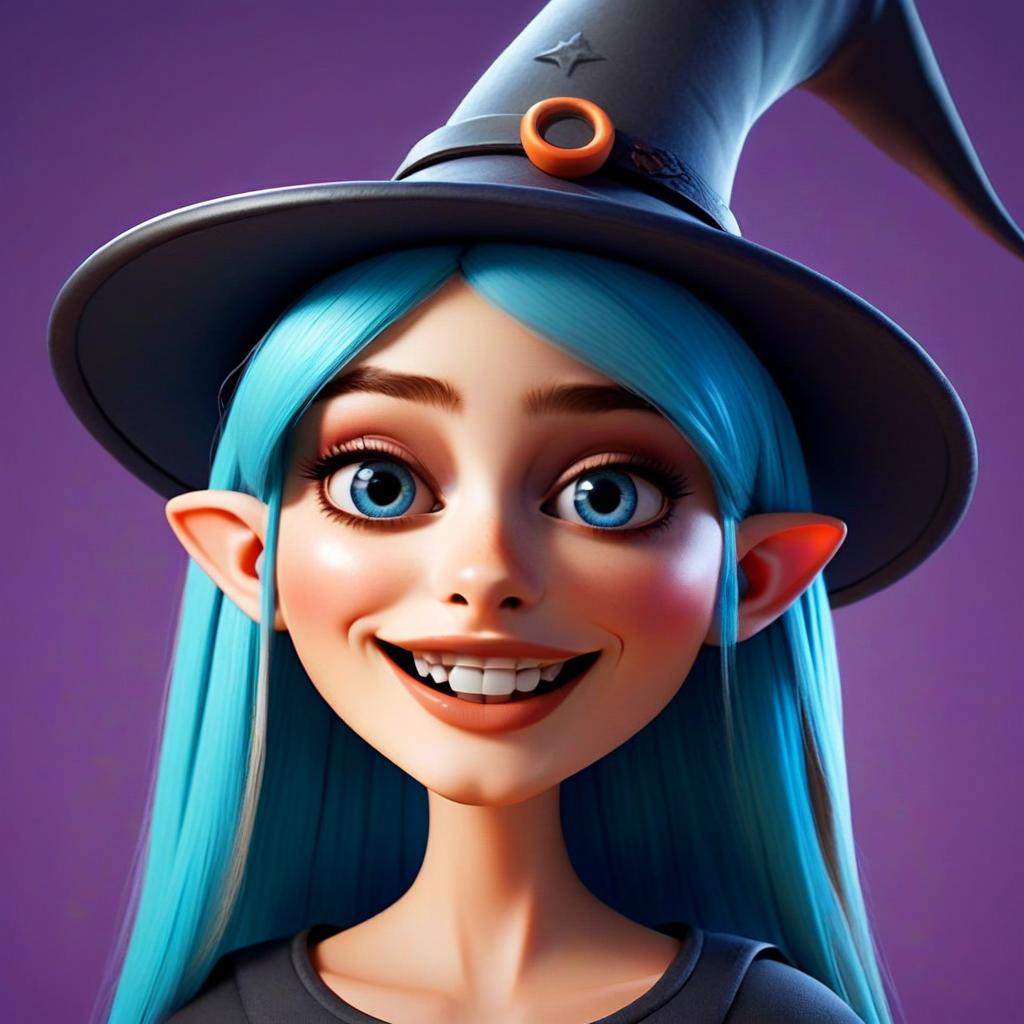 Cheerful Young Woman with Blue Hair in Witch Hat