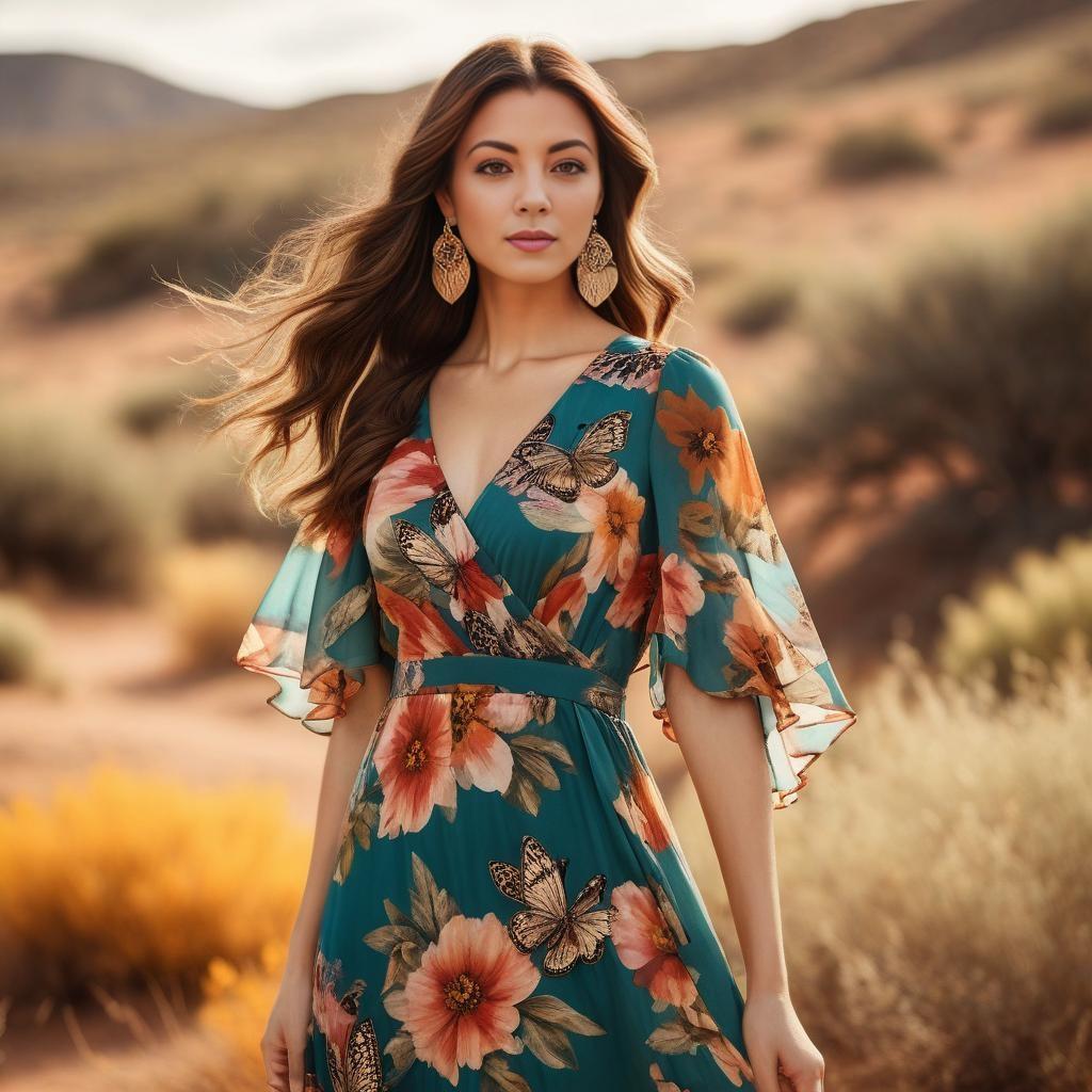Woman in Teal Floral Dress with Butterfly Motifs in Desert Landscape Woman in Teal Floral Dress with Butterfly Motifs in Desert Landscape