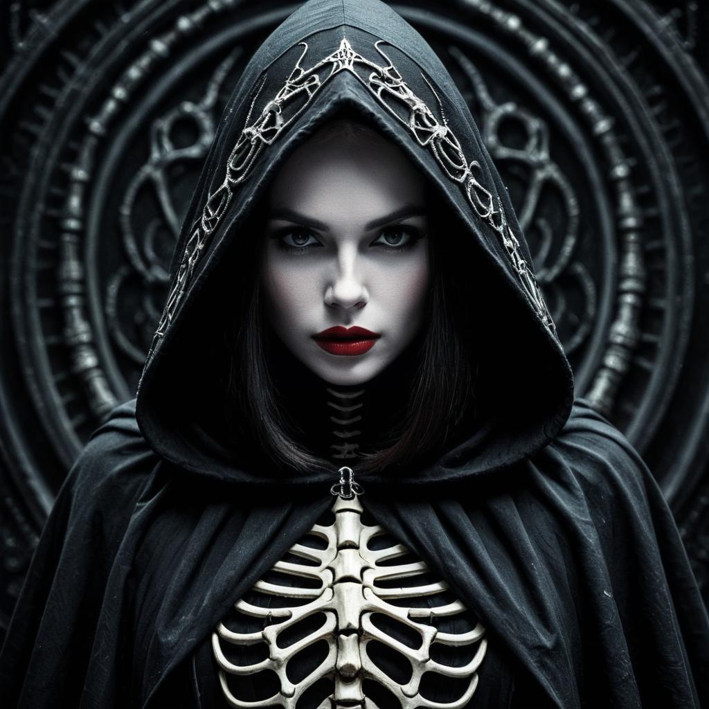 Gothic Woman in Hooded Cloak with Skeleton Design Realistic Fantasy Portrait