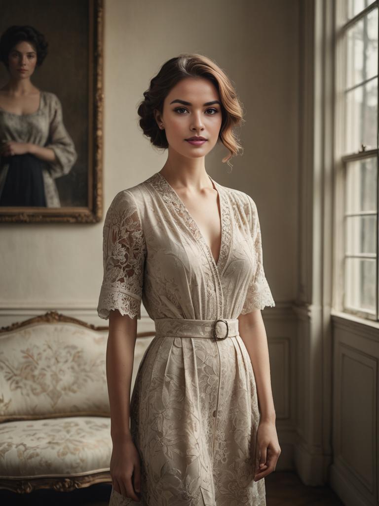 Elegant Woman in Vintage Lace Dress