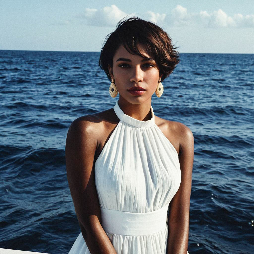 Confident Woman in White Dress by the Ocean