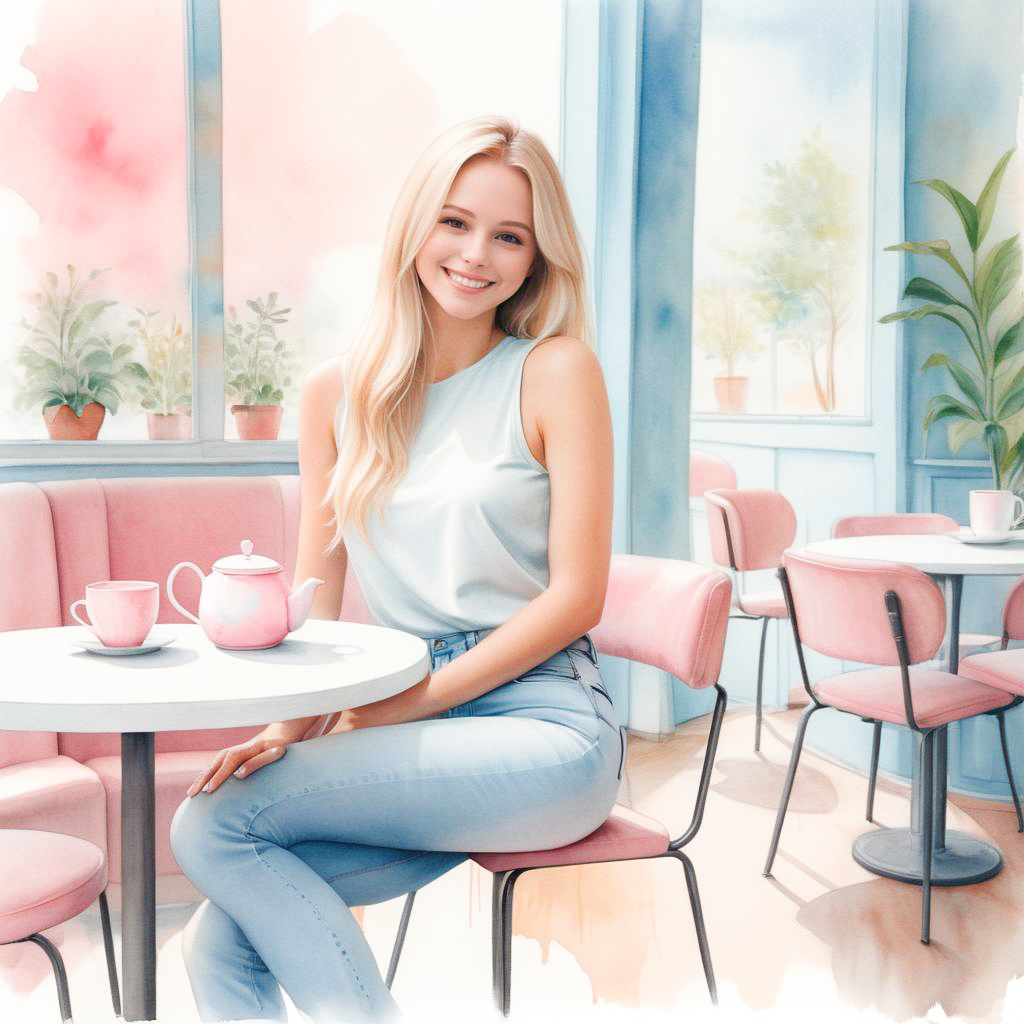 Smiling woman in pastel cafe