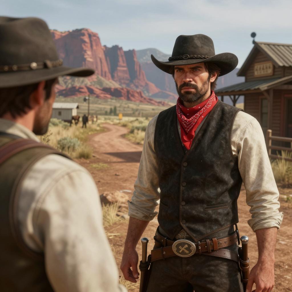 Western Cowboy in Frontier Town with Red Rock Cliffs