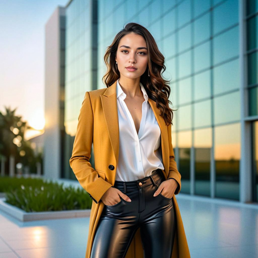 Confident woman in yellow coat and leather pants