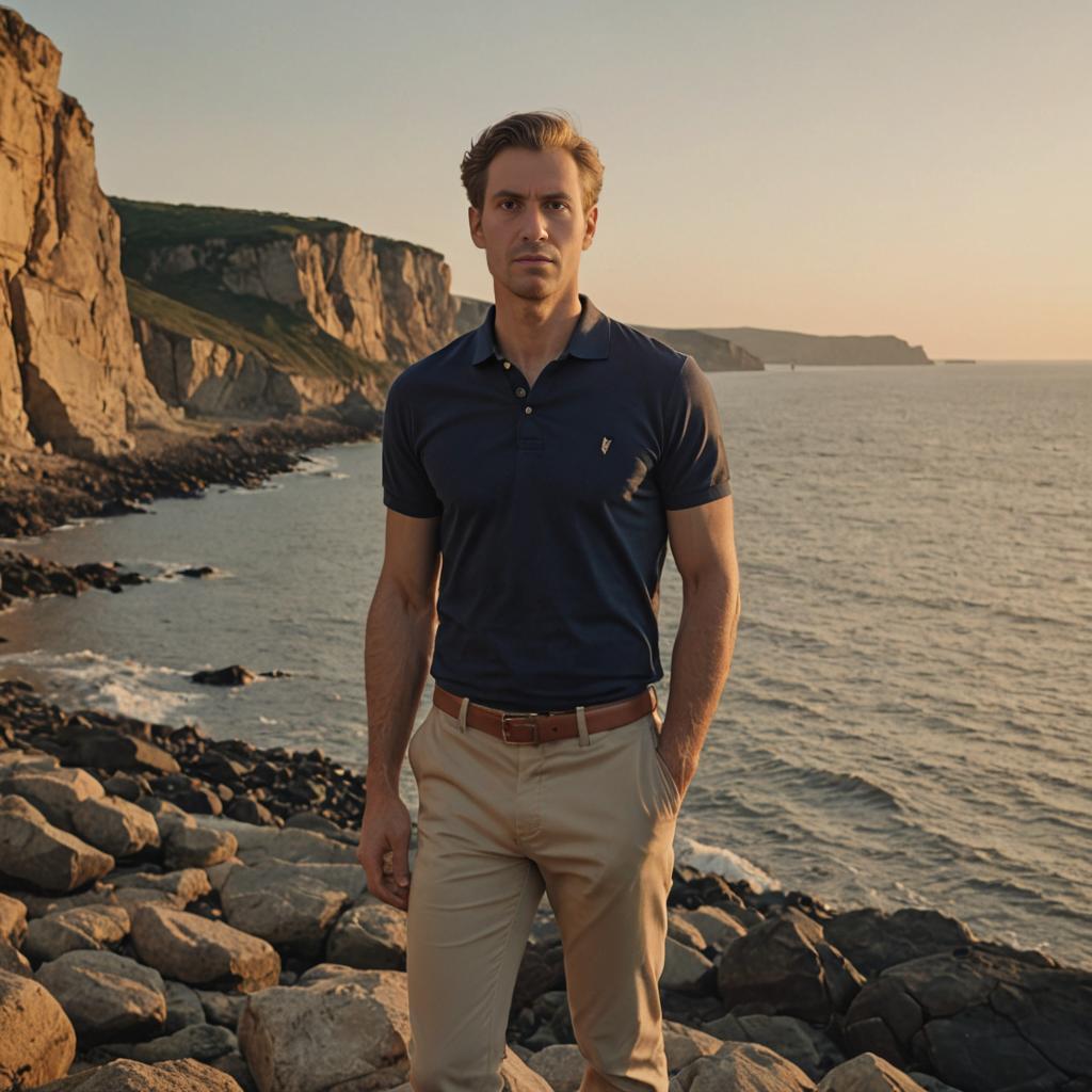 Thoughtful Man on Rocky Beach at Sunset