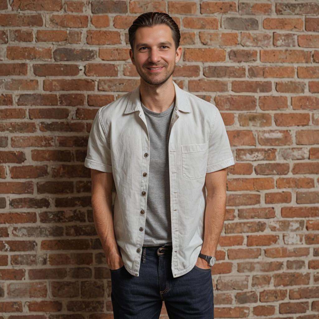 Stylish man in casual outfit against brick wall