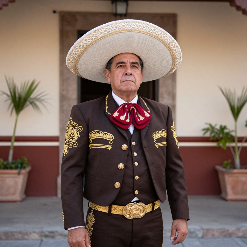 Traditional Mexican Charro Man in Embroidered Suit and Sombrero