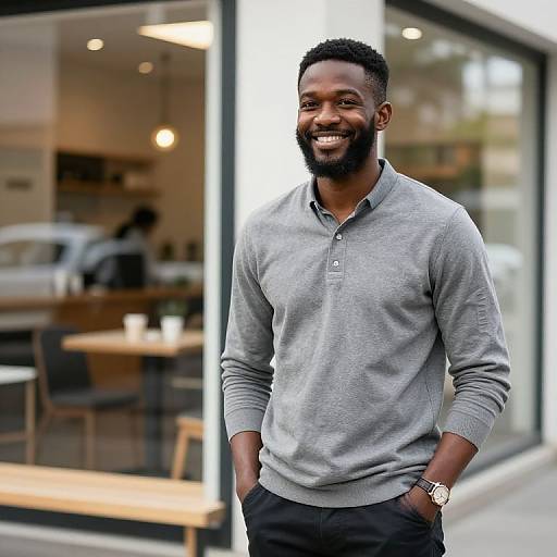 Smiling Young Man in Casual Grey Polo Shirt Outside Cafe