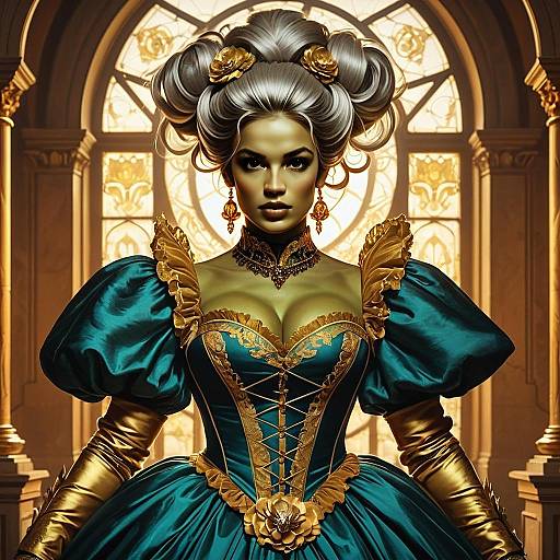 Elegant Woman in Renaissance-Style Gown with Ornate Hairstyle in Grand Interior