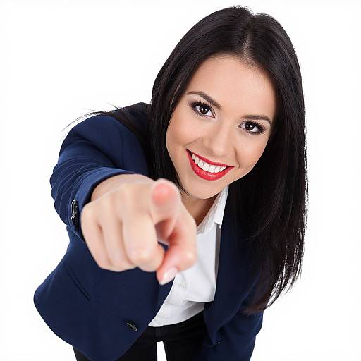 Confident Business Woman Pointing to Camera in Navy Blue Blazer