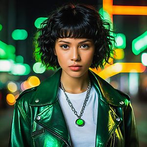 Confident Young Woman in Green Jacket at Night City