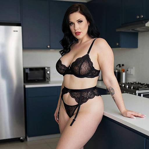 Confident Woman in Black Lace Lingerie Modeling in Modern Kitchen